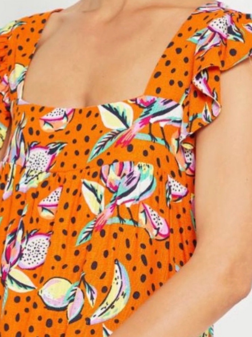 Kourt Women's Orange Fruit Print  Square-Neck Mini Dress with Flutter Sleeves - Picture 3 of 16